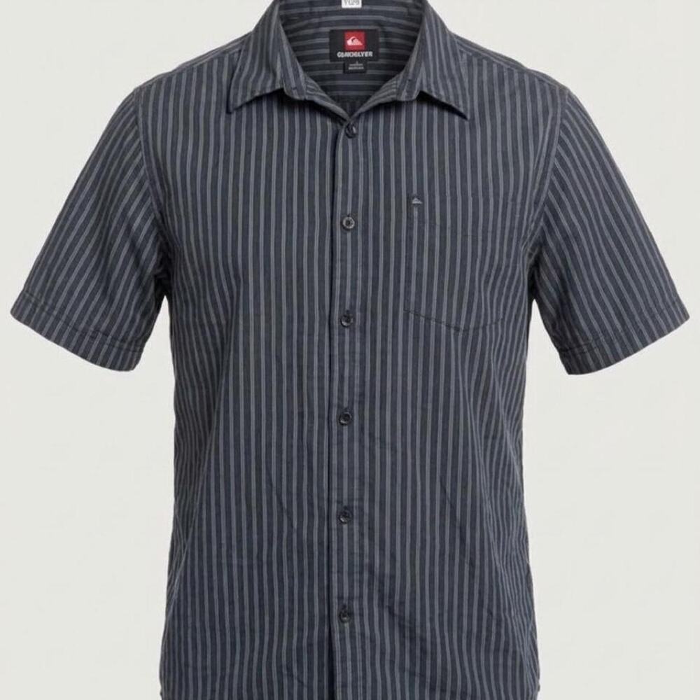 Quiksilver Mens L Button Up Shirt Black Gray White Striped Surf Skate Y2K